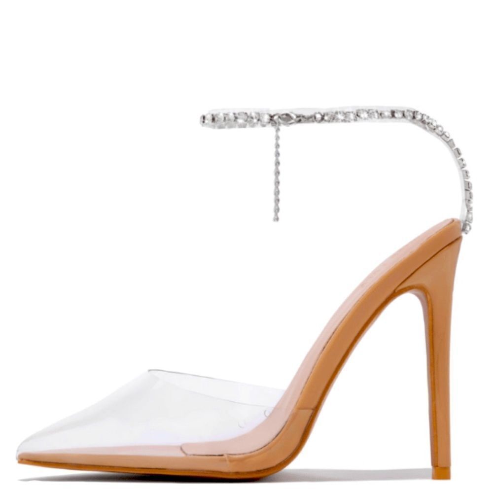 So Me Clear PVC Pointed Toe Mule with Tan Heel and Rhinestone Ankle Strap